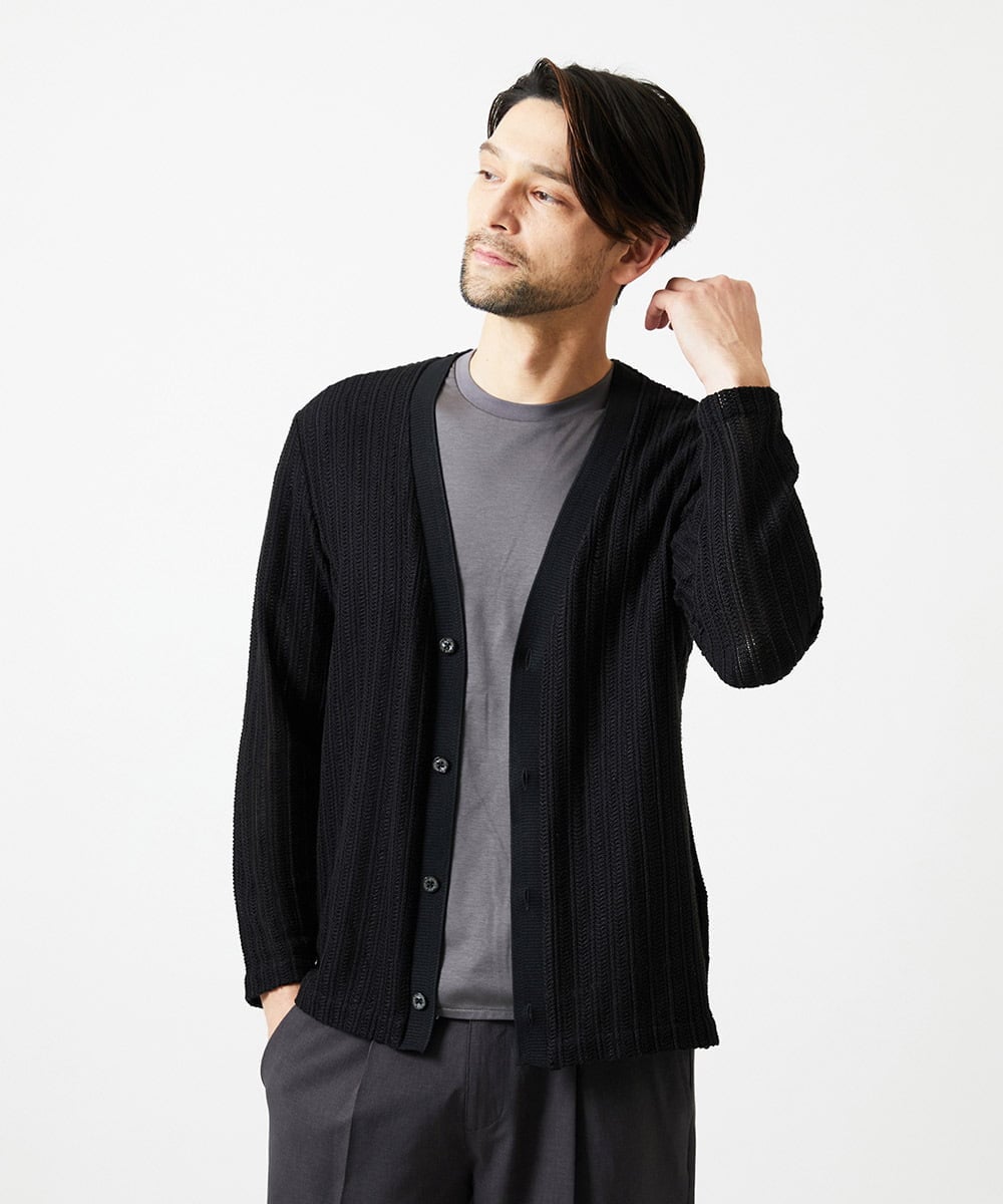 MNCJD72330 MICHEL KLEIN HOMME(ミッシェルクラン オム) ラッセル編みレースカーディガン ブラック