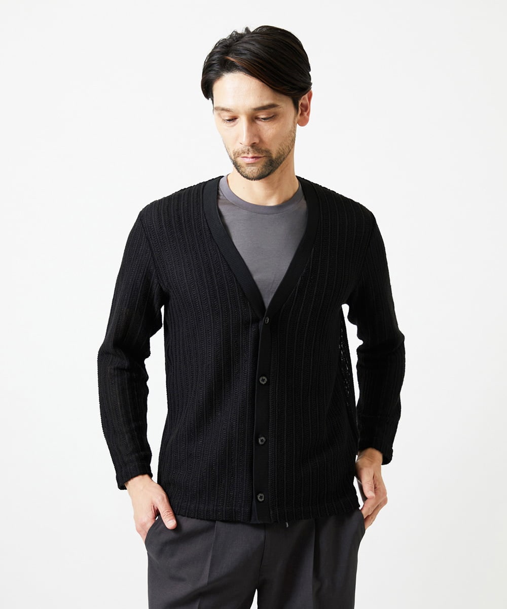 MNCJD72330 MICHEL KLEIN HOMME(ミッシェルクラン オム) ラッセル編みレースカーディガン ブラック