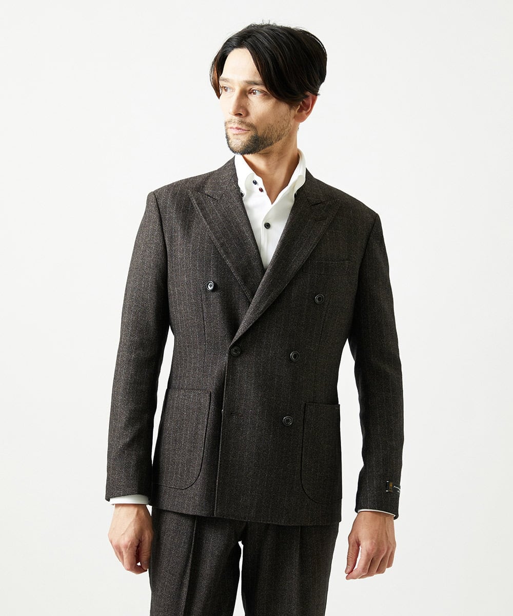 MNDAI53550 MICHEL KLEIN HOMME(ミッシェルクラン オム) 【セットアップ】ストライプ柄ウールコットンダブルジャケット ブラウン
