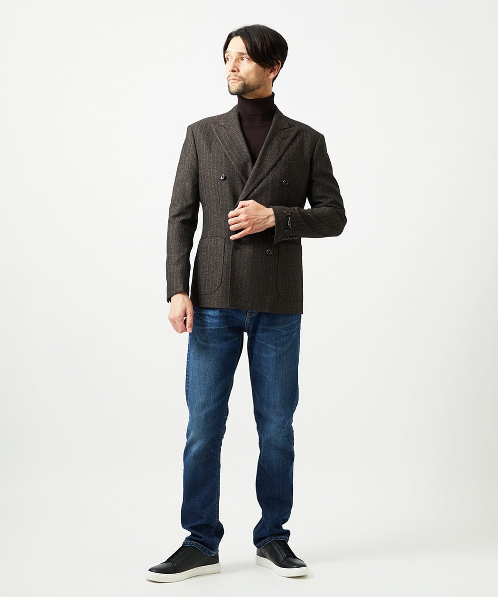 MNDAI53550 MICHEL KLEIN HOMME(ミッシェルクラン オム) 【セットアップ】ストライプ柄ウールコットンダブルジャケット ブラウン