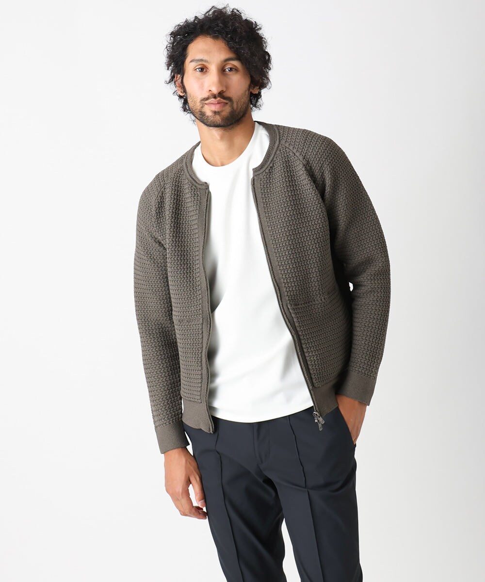 MNFAC54230 MICHEL KLEIN HOMME(ミッシェルクラン オム) ニットノーカラーブルゾン セットアップ ブラウン