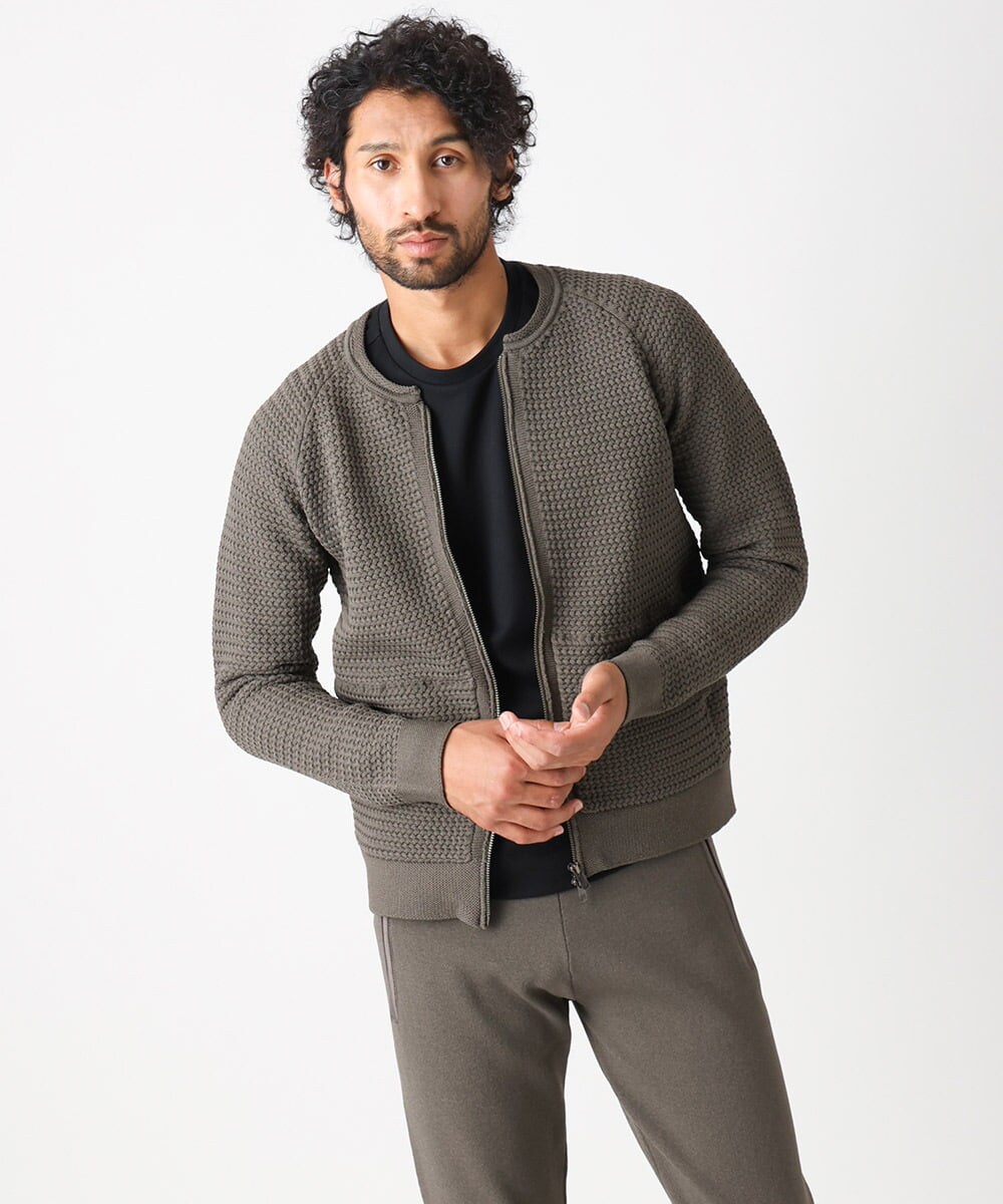MNFAC54230 MICHEL KLEIN HOMME(ミッシェルクラン オム) ニットノーカラーブルゾン セットアップ ブラウン