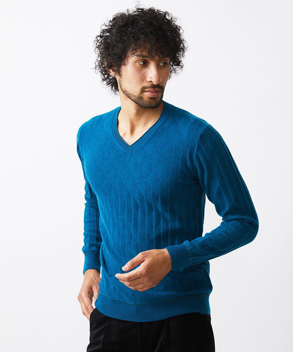MNFAC55250 MICHEL KLEIN HOMME(ミッシェルクラン オム) ダイヤ柄Vネックニット カーキ