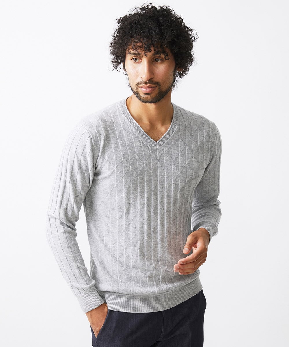 MNFAC55250 MICHEL KLEIN HOMME(ミッシェルクラン オム) ダイヤ柄Vネックニット ライトグレー