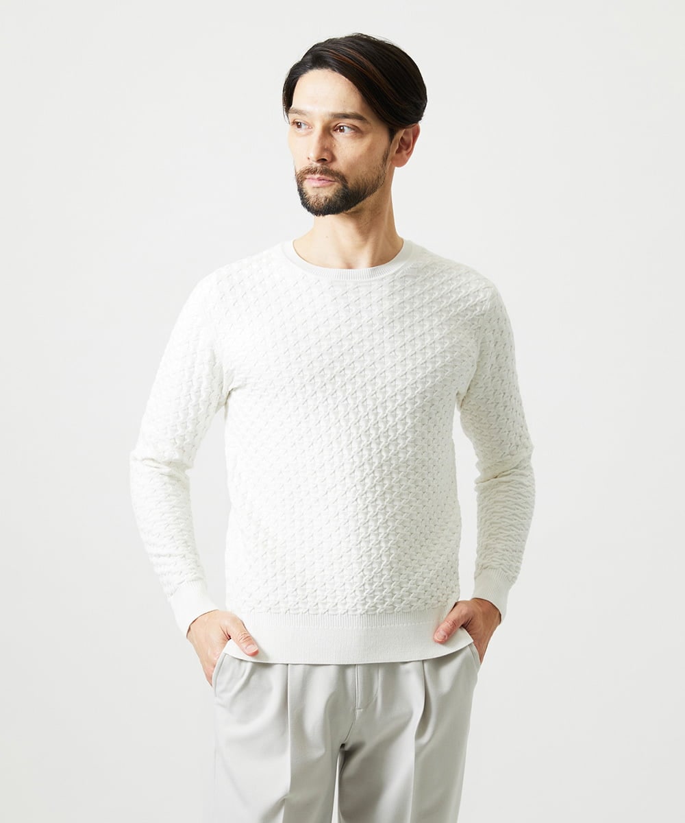 MNFAI52210 MICHEL KLEIN HOMME(ミッシェルクラン オム) 立体編柄クルーネックニット ホワイト