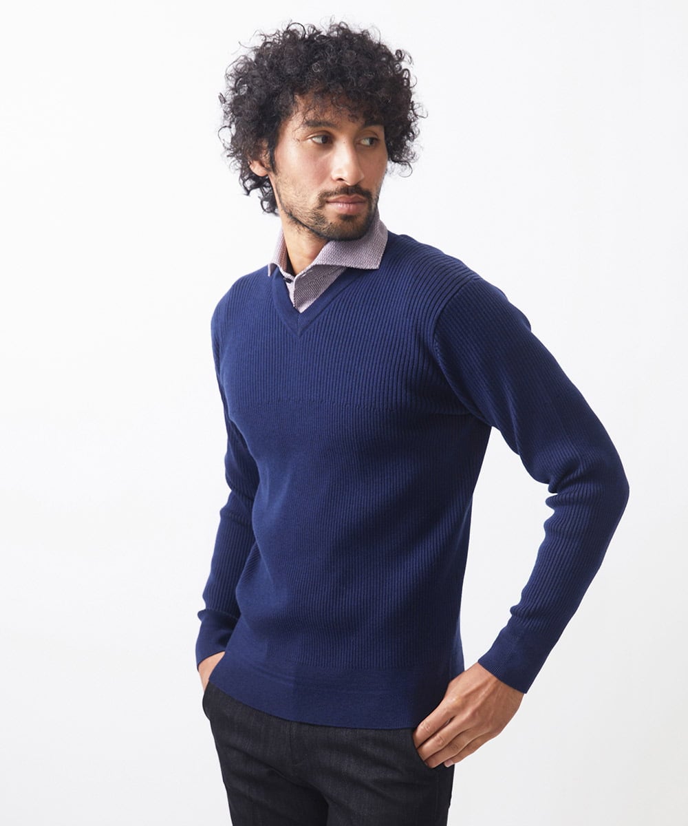 MNFCC61200 MICHEL KLEIN HOMME(ミッシェルクラン オム) リブ編みVネックニット ネイビー