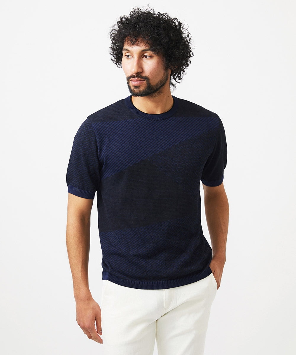MNFGC56270 MICHEL KLEIN HOMME(ミッシェルクラン オム) ダイアゴナル柄クルーネック半袖ニット ネイビー