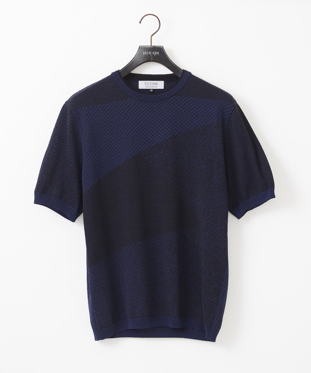 MNFGC56270 MICHEL KLEIN HOMME(ミッシェルクラン オム) ダイアゴナル柄クルーネック半袖ニット ネイビー