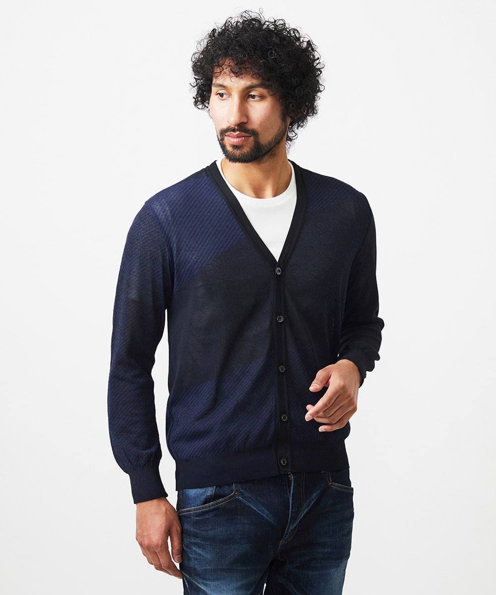 MNFGC57360 MICHEL KLEIN HOMME(ミッシェルクラン オム) ダイアゴナル柄ニットカーディガン ネイビー