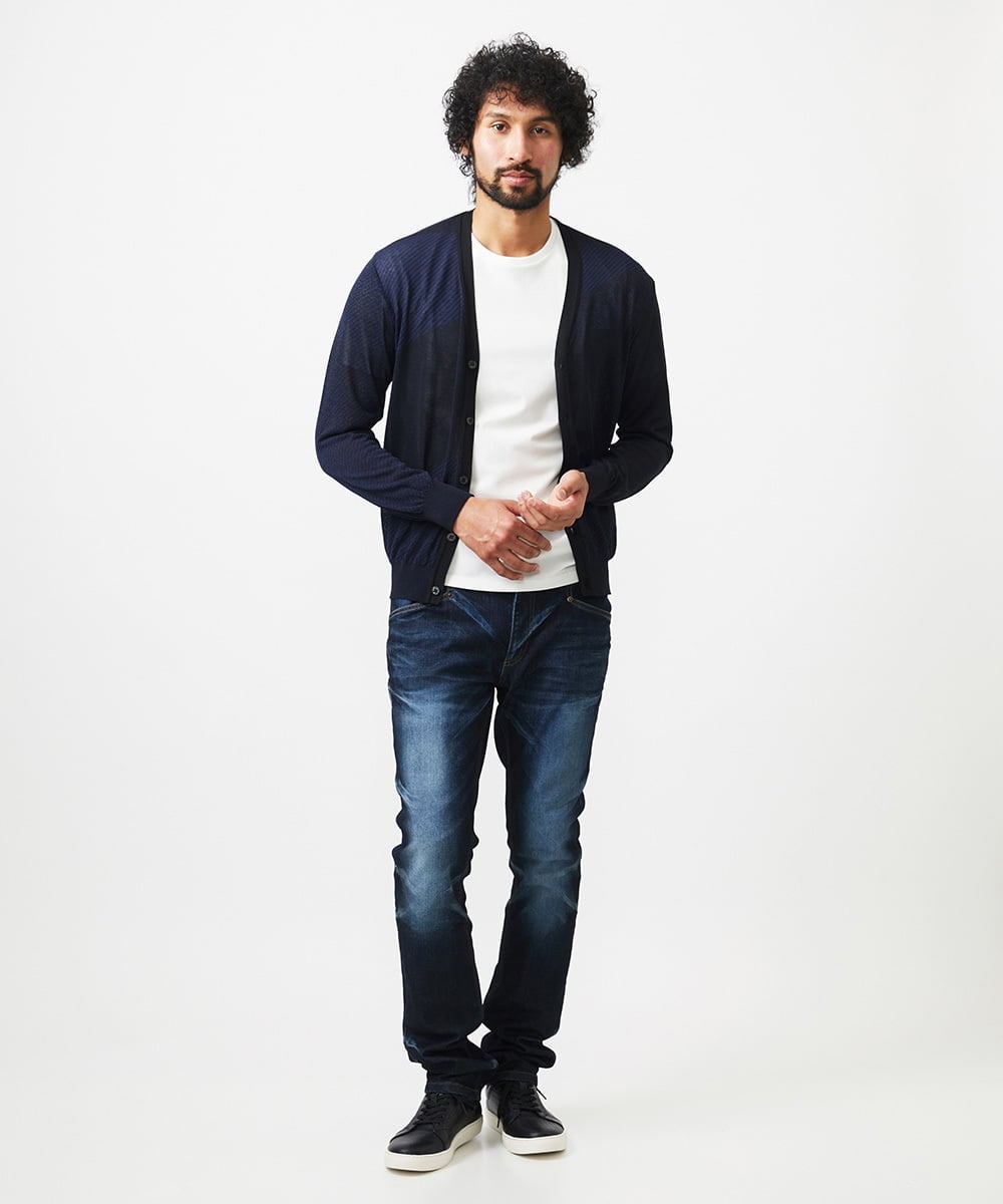 MNFGC57360 MICHEL KLEIN HOMME(ミッシェルクラン オム) ダイアゴナル柄ニットカーディガン ネイビー