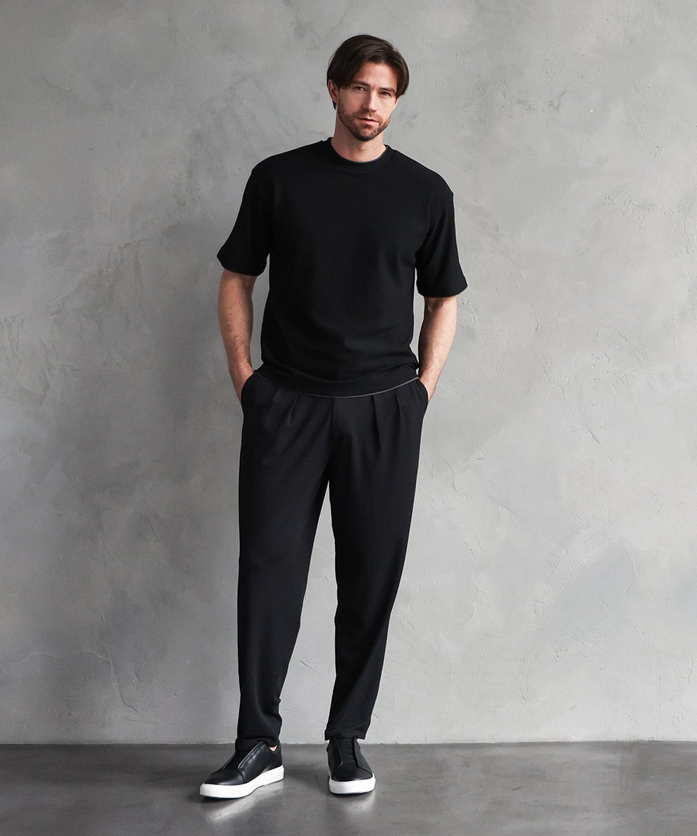 MNHJD64250 MICHEL KLEIN HOMME(ミッシェルクラン オム) サッカーストライプ織りワイドパンツ ブラック