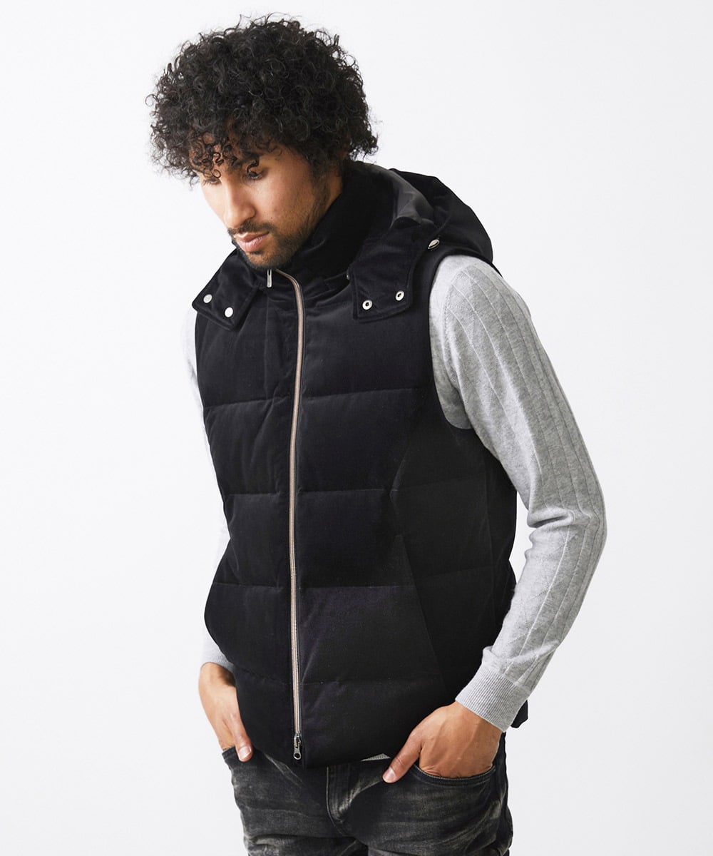 MNJAA56490 MICHEL KLEIN HOMME(ミッシェルクラン オム) トリコットベロアダウンベスト セットアップ ブラック