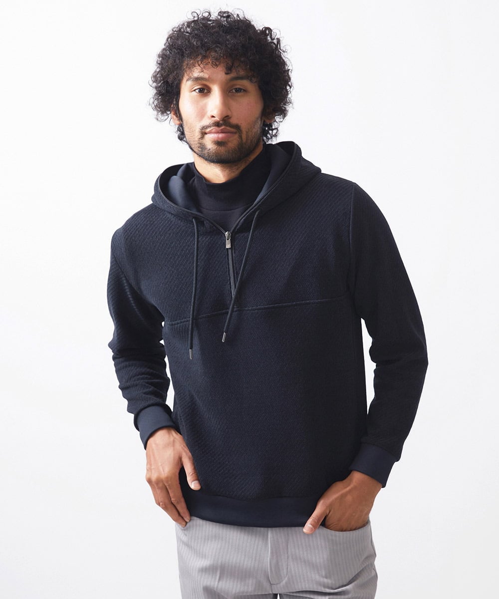 MNKAC57250 MICHEL KLEIN HOMME(ミッシェルクラン オム) 《日本製》モールZIPプルオーバーパーカー ブラック