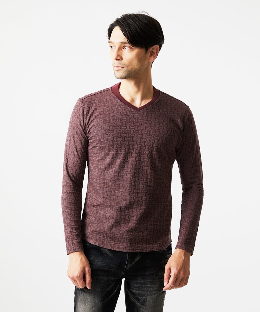 MNKAF60150 MICHEL KLEIN HOMME(ミッシェルクラン オム) 《日本製》レンガ柄Vネック長袖カットソー レッド