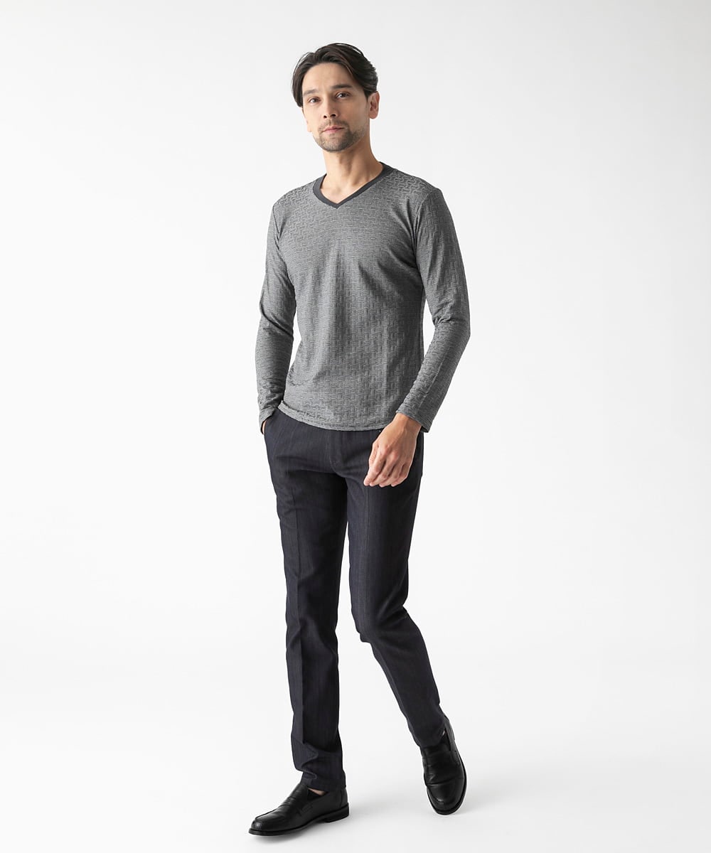 MNKAF60150 MICHEL KLEIN HOMME(ミッシェルクラン オム) 《日本製》レンガ柄Vネック長袖カットソー ダークグレー