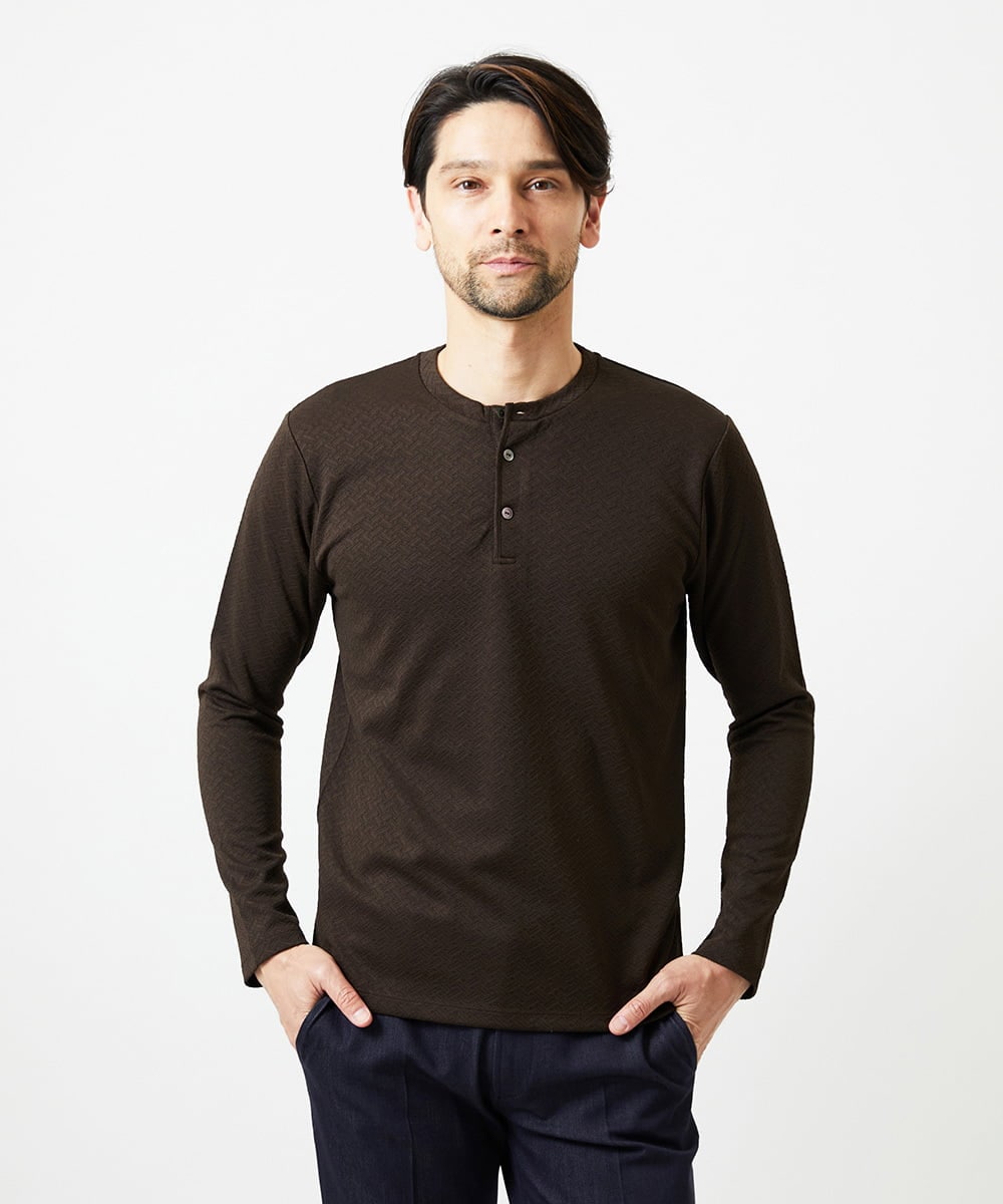 MNKAI54190 MICHEL KLEIN HOMME(ミッシェルクラン オム) ジャガードヘンリーネック長袖カットソー ブラウン