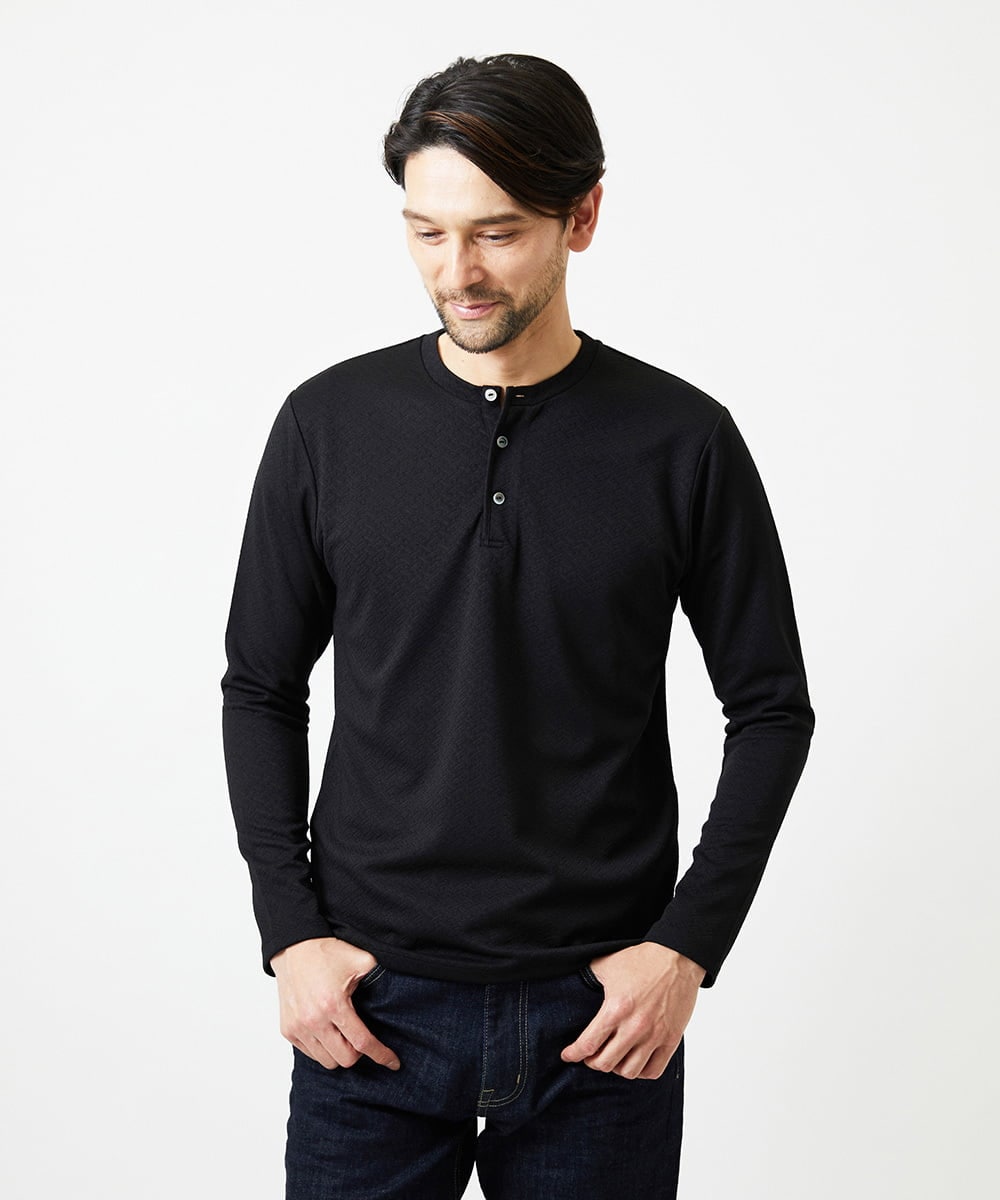 MNKAI54190 MICHEL KLEIN HOMME(ミッシェルクラン オム) ジャガードヘンリーネック長袖カットソー ブラック