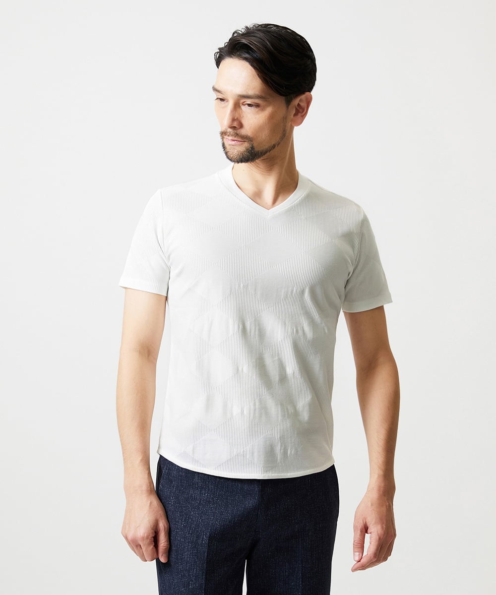 MNKGF54140 MICHEL KLEIN HOMME(ミッシェルクラン オム) アーガイル柄Vネック半袖カットソー ホワイト