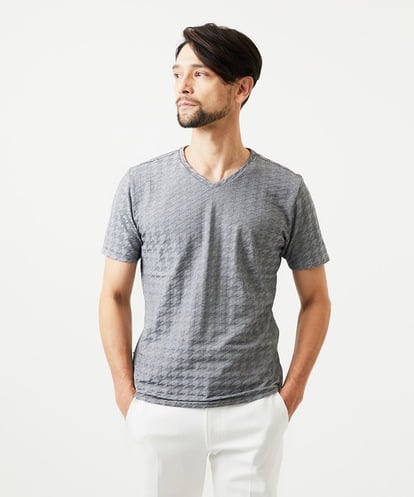 MNKGF60150 MICHEL KLEIN HOMME 《日本製》千鳥リンクスVネック半袖カットソー