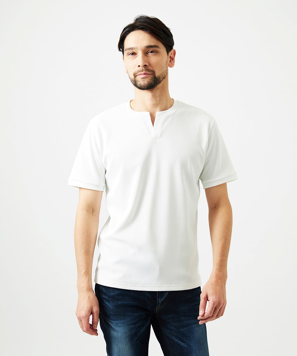 MNKGF64150 MICHEL KLEIN HOMME(ミッシェルクラン オム) 《日本製》キーネック半袖カットソー ホワイト