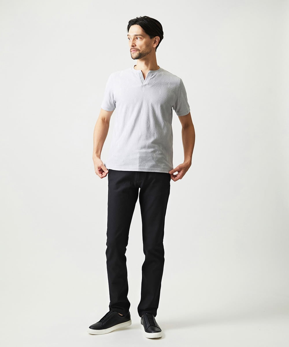 MNKIF53150 MICHEL KLEIN HOMME(ミッシェルクラン オム) 《日本製》スモーク柄キーネック半袖カットソー ライトグレー