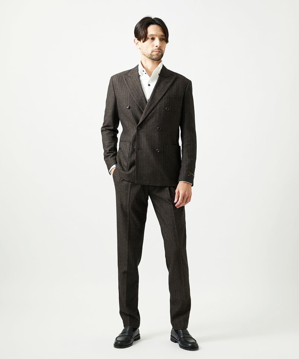MNLAI53270 MICHEL KLEIN HOMME(ミッシェルクラン オム) 【セットアップ】ストライプ柄ウールコットンスラックスパンツ ブラウン