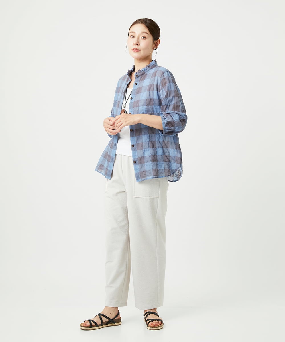 NGBHA12250 GIANNI LO GIUDICE(ジャンニ ロ ジュディチェ) [洗える]シャーリングチェックシャツブラウス ライトブルー