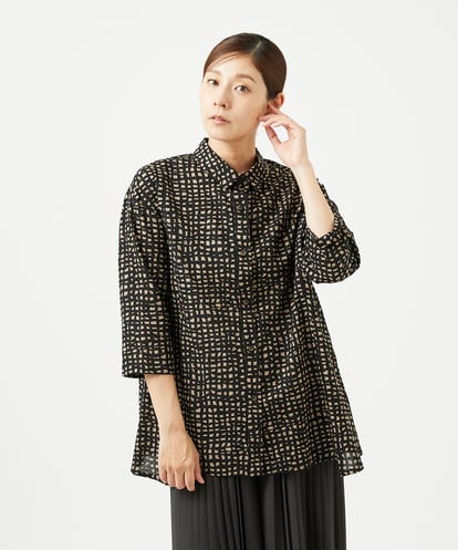NGBJB11270  [洗える・日本製]ミラクルウェーブブロックプリントブラウス