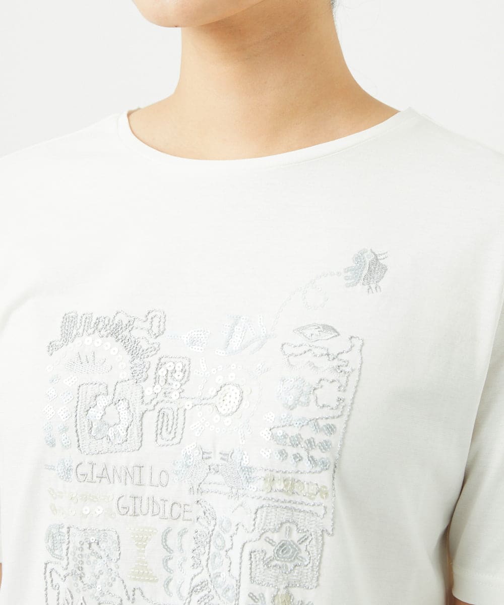 NGKHC06190 GIANNI LO GIUDICE(ジャンニ ロ ジュディチェ) [接触冷感・洗える・日本製]クールローレルスカイコット刺繍カットソー ホワイト