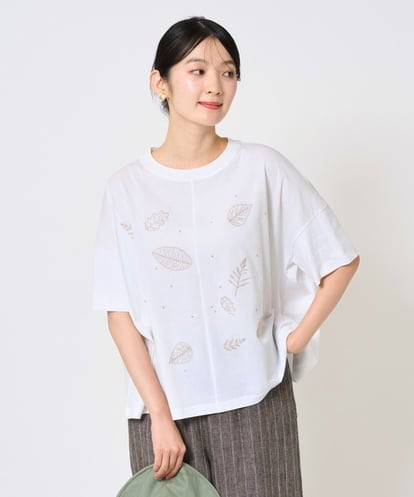 NGKHE62180 GIANNI LO GIUDICE [洗える]コットン天竺リーフ刺繍カットソー