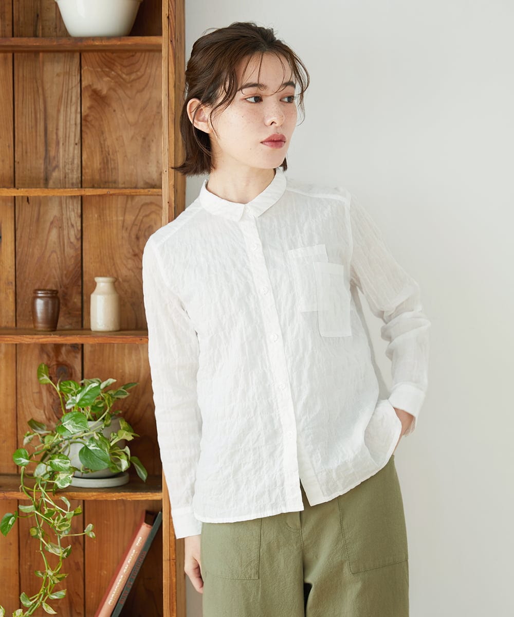 NHBEF14230 GIANNI LO GIUDICE(小さいサイズ)(メゾン ドゥ サンク) シャーリングシャンブレーブラウス ホワイト