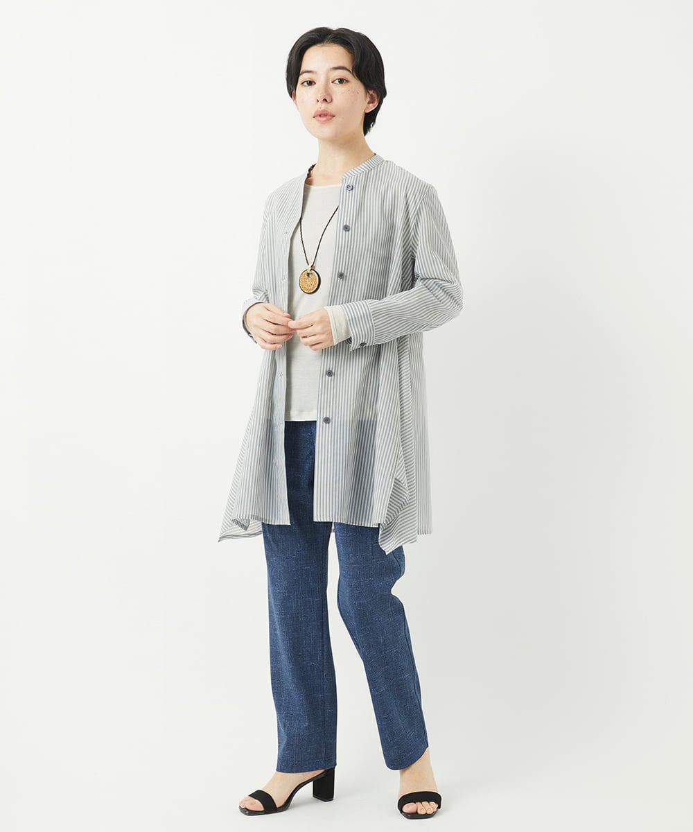 NHBGC94260 GIANNI LO GIUDICE(小さいサイズ)(メゾン ドゥ サンク) オーガニックコットンストライプチュニック丈ブラウス グレー系