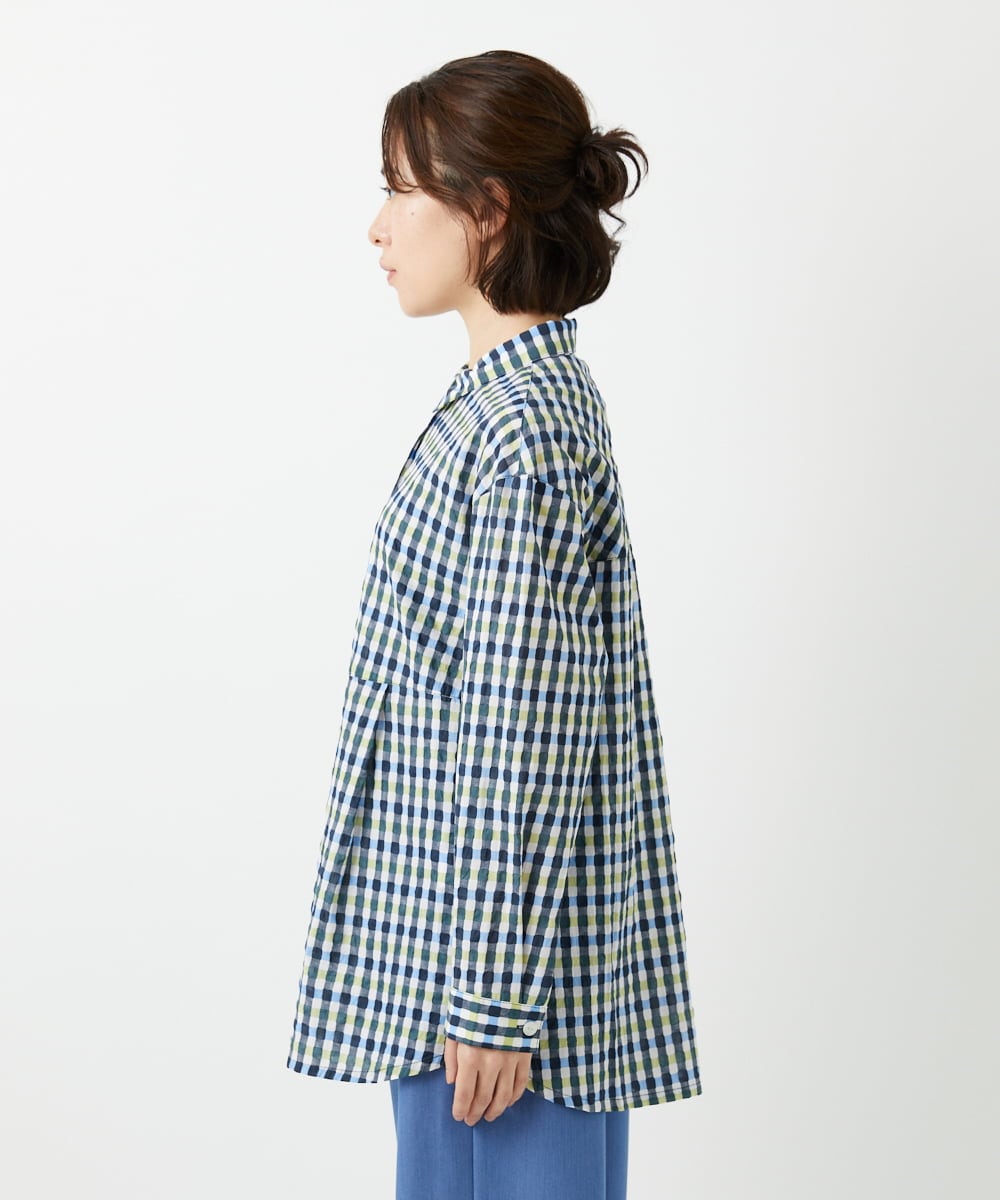 NHBGD24270 GIANNI LO GIUDICE(小さいサイズ)(メゾン ドゥ サンク) 塩縮ギンガムプリントチュニックブラウス ブルー×グリーン