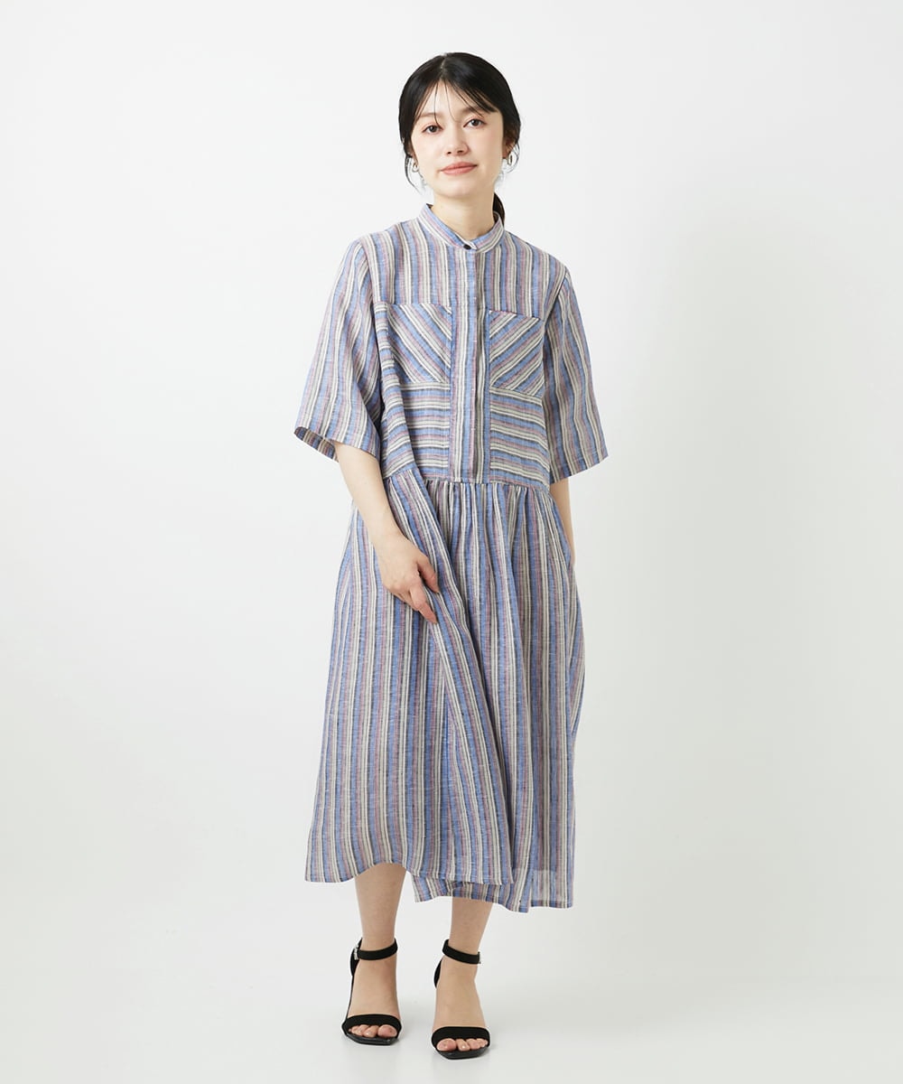 NHEGF92390 GIANNI LO GIUDICE(小さいサイズ)(メゾン ドゥ サンク) リネンストライプワンピース グレー系