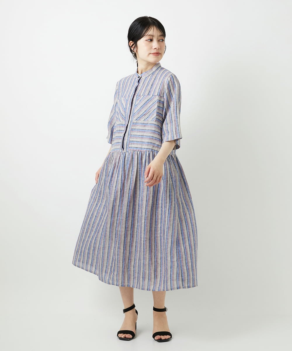 NHEGF92390 GIANNI LO GIUDICE(小さいサイズ)(メゾン ドゥ サンク) リネンストライプワンピース グレー系