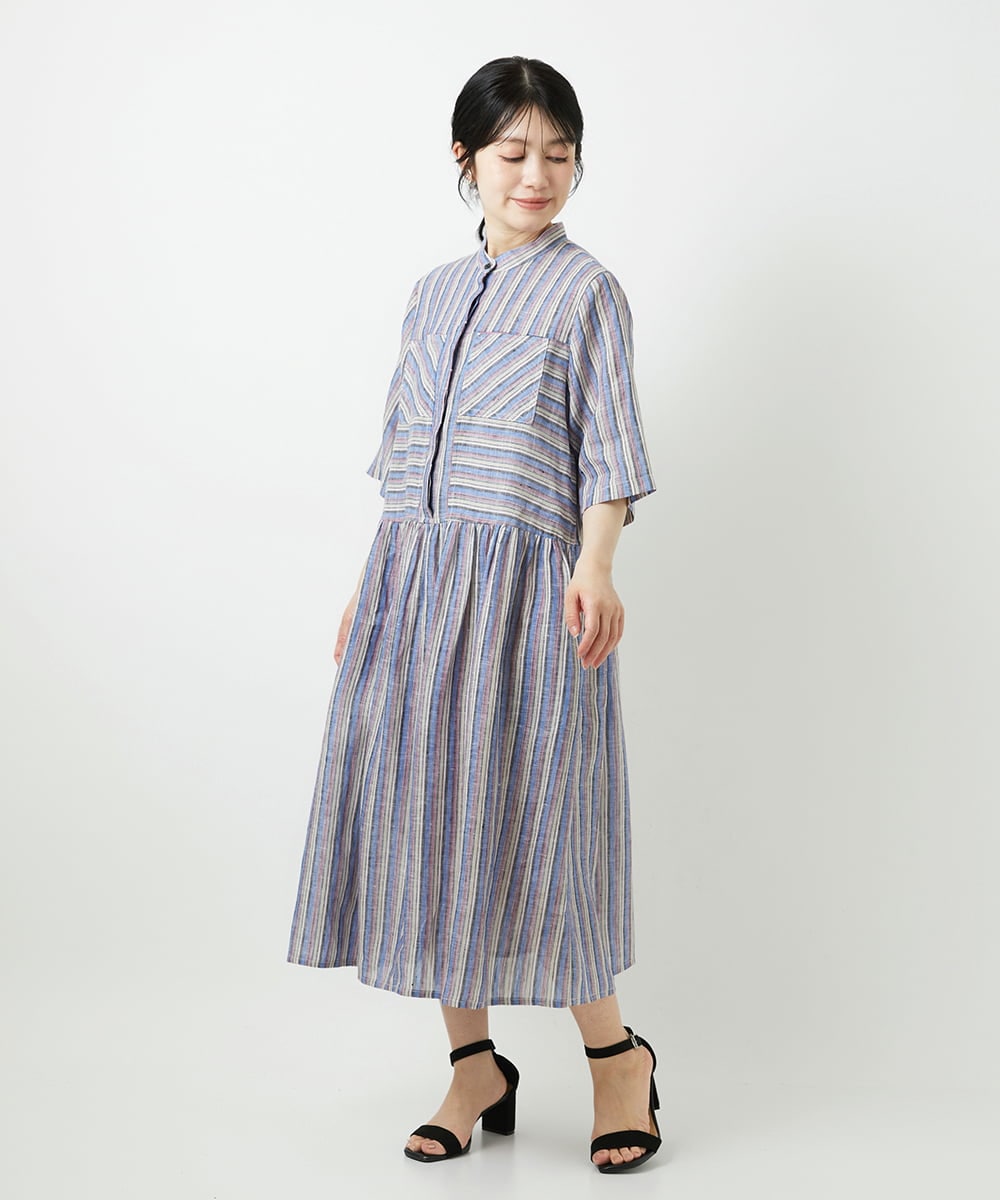NHEGF92390 GIANNI LO GIUDICE(小さいサイズ)(メゾン ドゥ サンク) リネンストライプワンピース グレー系