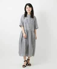 NHEGF92390 GIANNI LO GIUDICE(小さいサイズ)(メゾン ドゥ サンク) リネンストライプワンピース グレー系