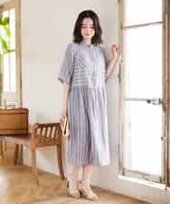 NHEGF92390 GIANNI LO GIUDICE(小さいサイズ)(メゾン ドゥ サンク) リネンストライプワンピース グレー系