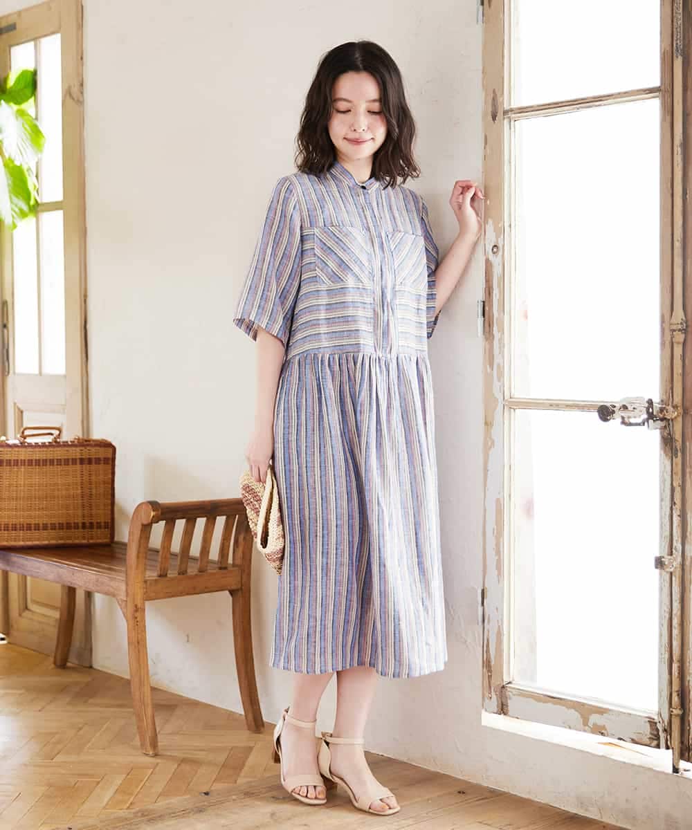 NHEGF92390 GIANNI LO GIUDICE(小さいサイズ)(メゾン ドゥ サンク) リネンストライプワンピース グレー系