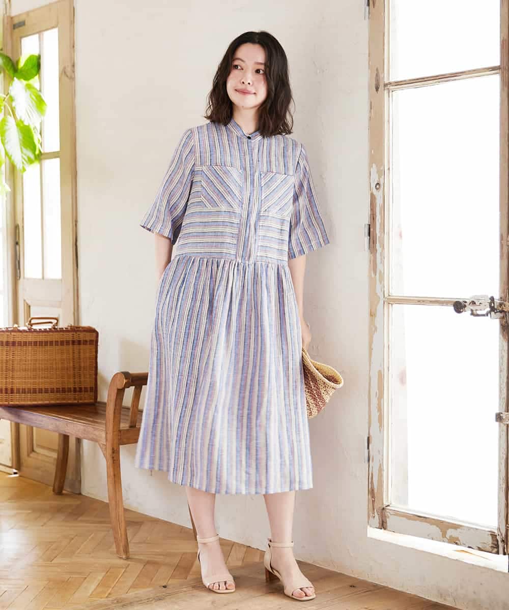 NHEGF92390 GIANNI LO GIUDICE(小さいサイズ)(メゾン ドゥ サンク) リネンストライプワンピース グレー系