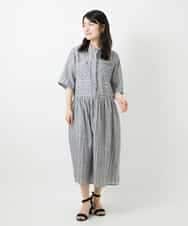 NHEGF92390 GIANNI LO GIUDICE(小さいサイズ)(メゾン ドゥ サンク) リネンストライプワンピース グレー系