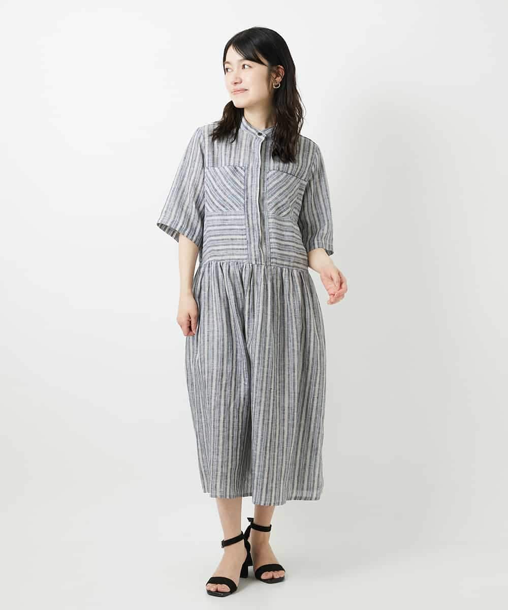 NHEGF92390 GIANNI LO GIUDICE(小さいサイズ)(メゾン ドゥ サンク) リネンストライプワンピース グレー系