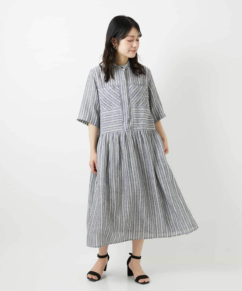 NHEGF92390 GIANNI LO GIUDICE(小さいサイズ)(メゾン ドゥ サンク) リネンストライプワンピース グレー系