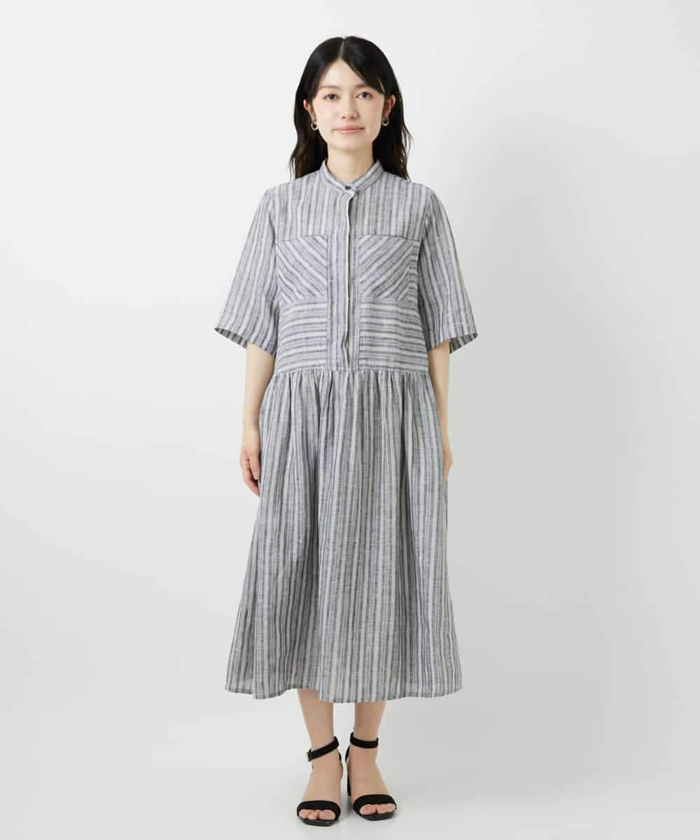 NHEGF92390 GIANNI LO GIUDICE(小さいサイズ)(メゾン ドゥ サンク) リネンストライプワンピース グレー系