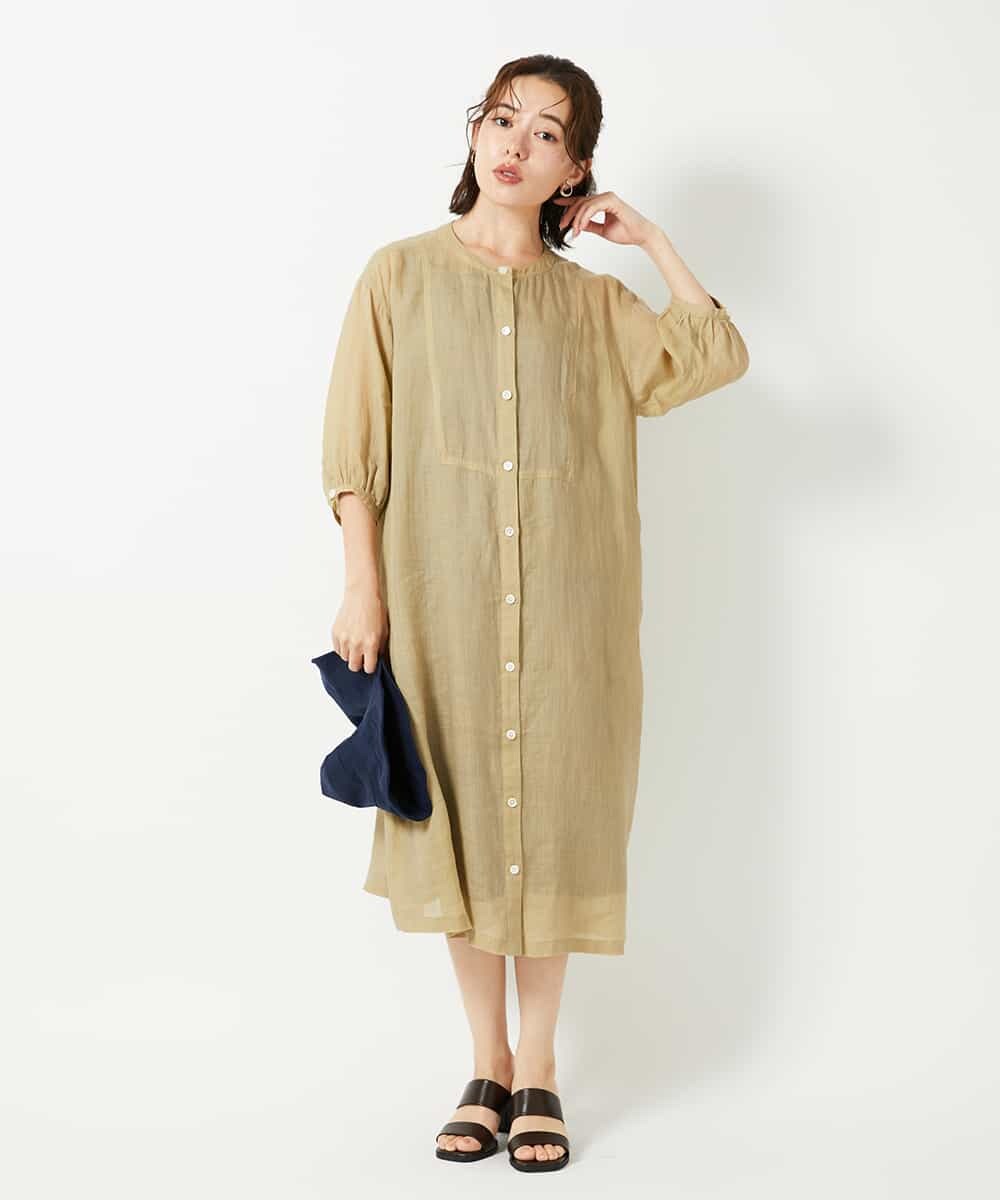 NHEHE60330 GIANNI LO GIUDICE(小さいサイズ)(メゾン ドゥ サンク) 麻シャンブレープリントワンピース イエローベージュ