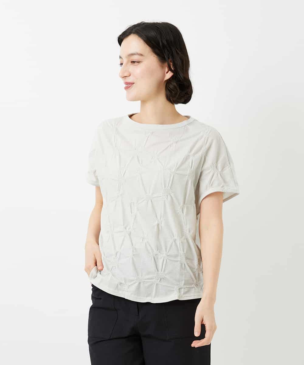NHKGE47170 GIANNI LO GIUDICE(小さいサイズ)(メゾン ドゥ サンク) [日本製]麻混シャーリングフレンチスリーブカットソー ライトブルー