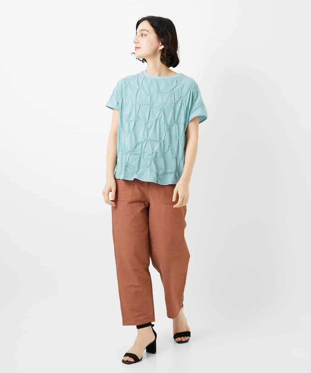 NHKGE47170 GIANNI LO GIUDICE(小さいサイズ)(メゾン ドゥ サンク) [日本製]麻混シャーリングフレンチスリーブカットソー ライトブルー