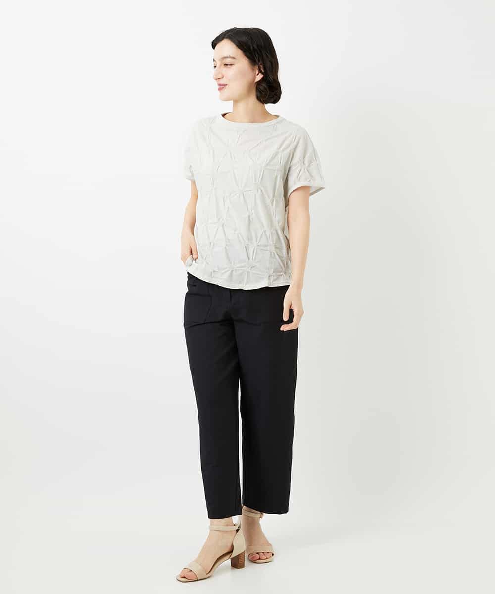 NHKGE47170 GIANNI LO GIUDICE(小さいサイズ)(メゾン ドゥ サンク) [日本製]麻混シャーリングフレンチスリーブカットソー ライトブルー