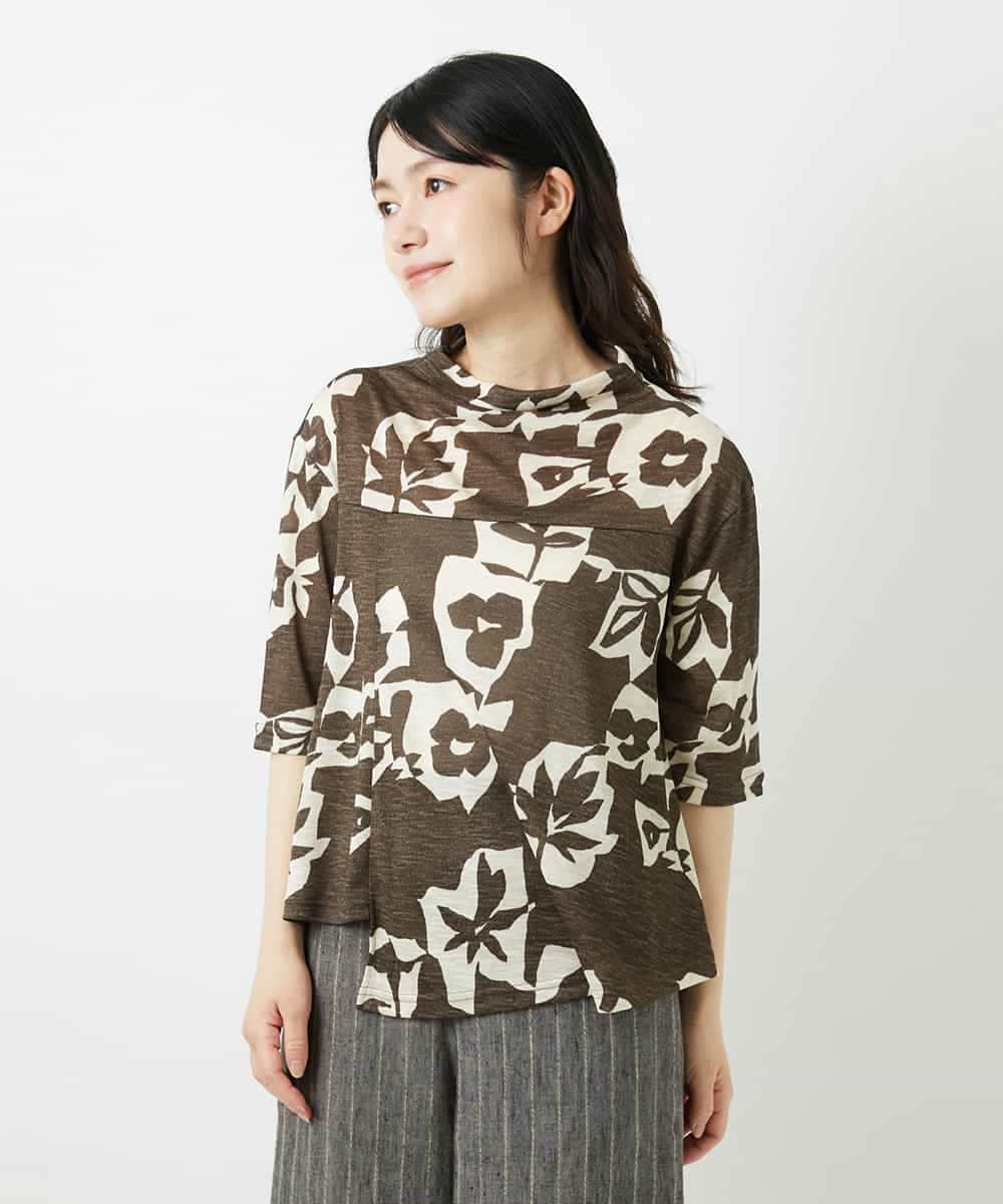 NHKGE50270 GIANNI LO GIUDICE(小さいサイズ)(メゾン ドゥ サンク) [日本製]アイアスポップフラワープリントイレヘムカットソー カーキブラウン
