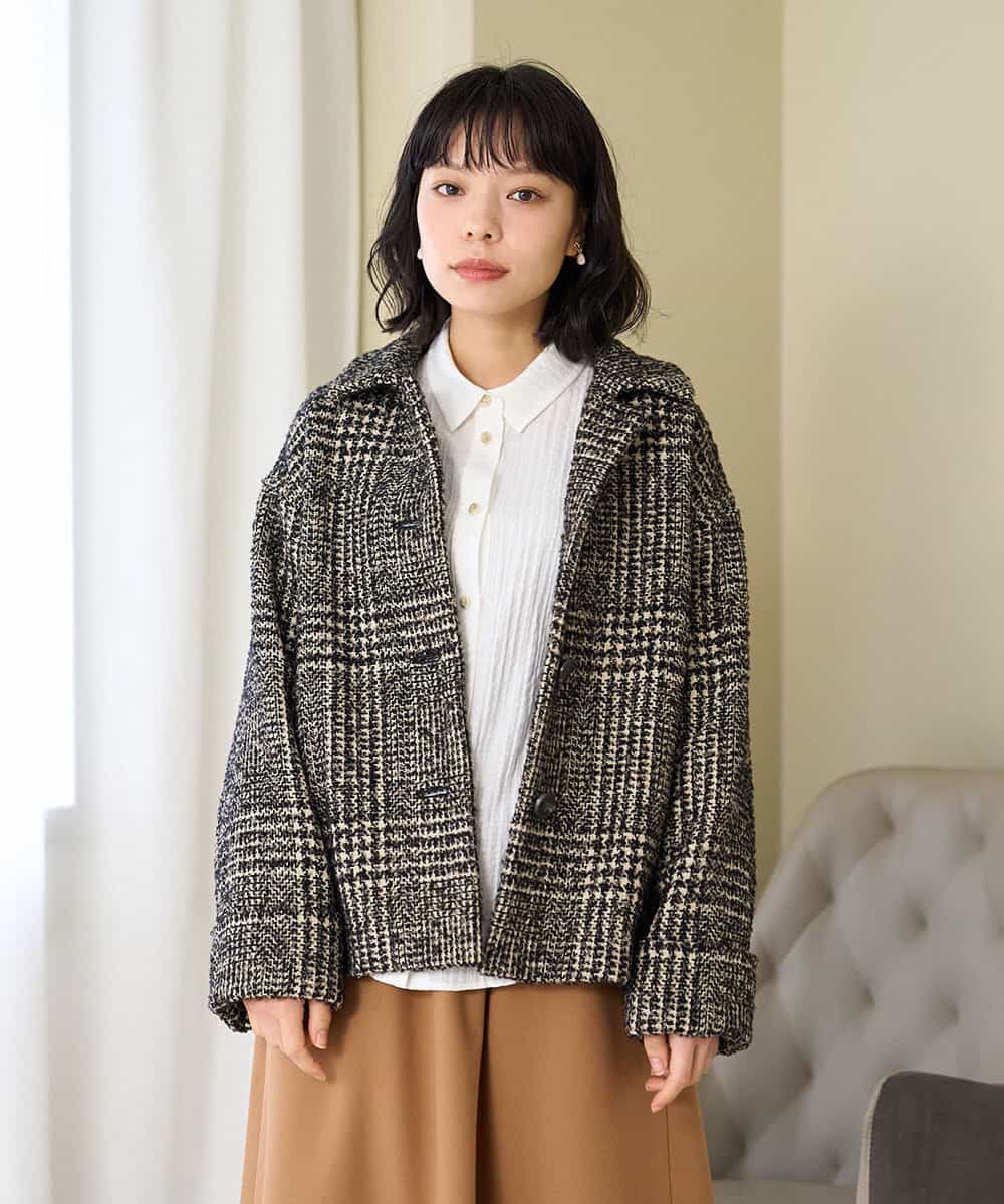 NHVAH36690 GIANNI LO GIUDICE(小さいサイズ)(メゾン ドゥ サンク) [日本製]グレンチェックツイードコート ブラック